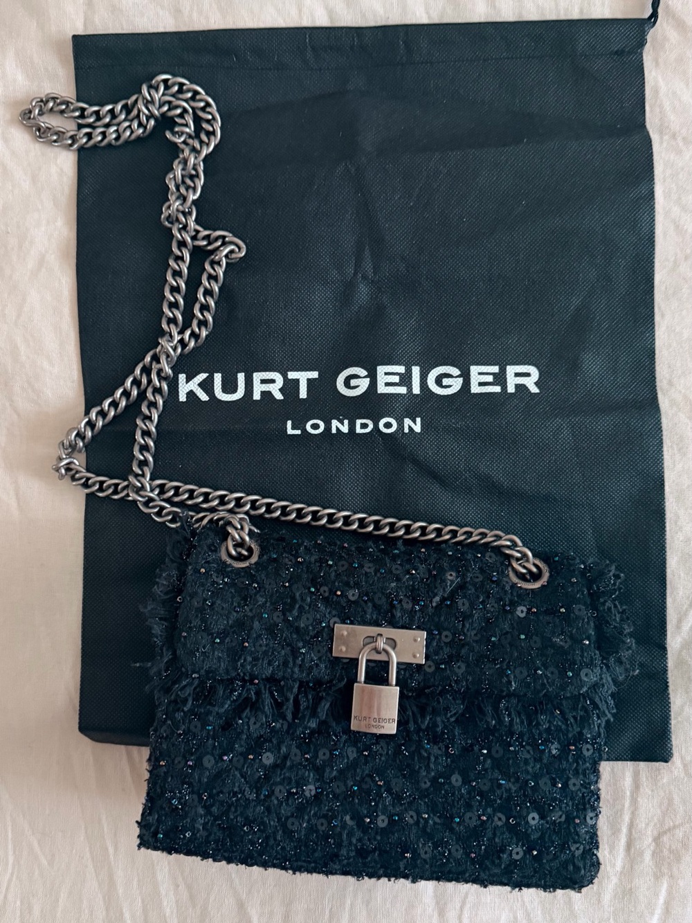 Kurt Geiger Black Sequin Tweed Crossbody Bag with Chain Strap